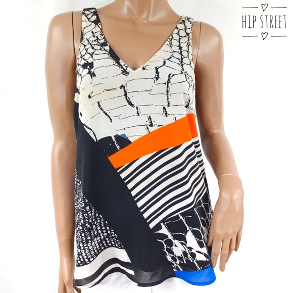 Willi Smith Tops - WILLI SMITH Graphic Print V Neck Flared Chiffon Shell Tank M